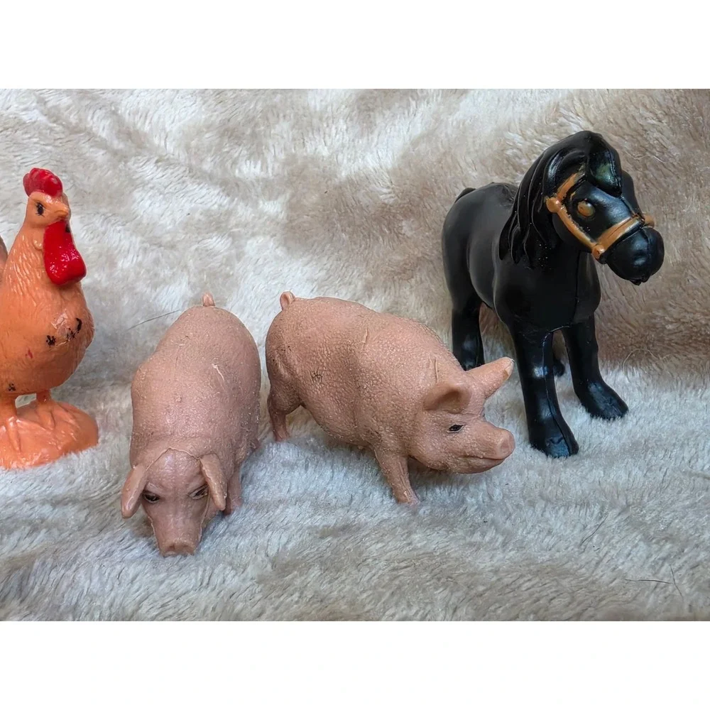 Vintage Plastic Farm Animal Figurines Lot Cow Horse Pig Sheep Rooster Duck Toy